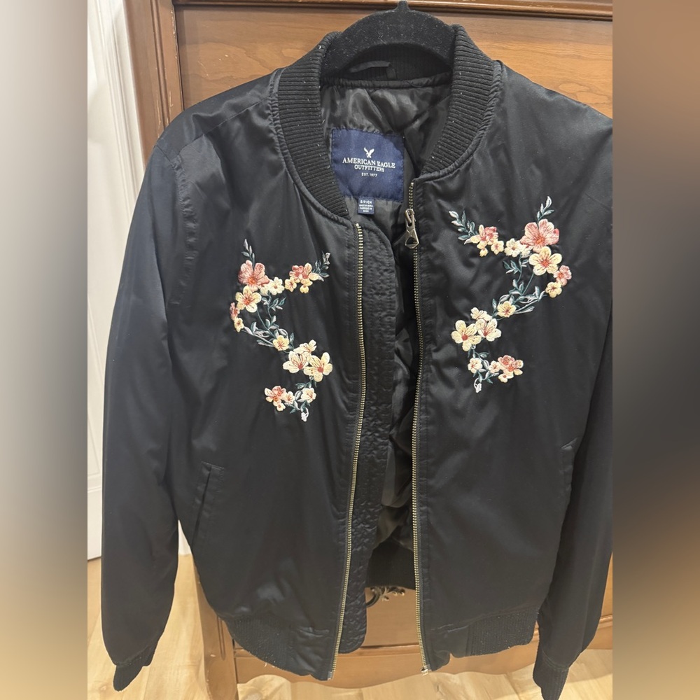 American Eagle Outfitters Black Floral Bomber Jacket